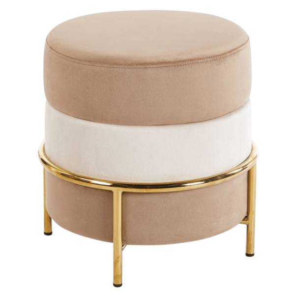 Pufa do Salonu Tapicerowana Welurowa Beżowa Cappuccino Velvet Glamour Złote Nogi Chrom SABRINA