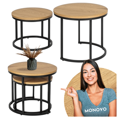 Industrialny Zestaw 2 Stolików Kawowych 2x Okrągły Stolik Kawowy do Salonu Loft Dąb Złoty Czarny OREO Halmar