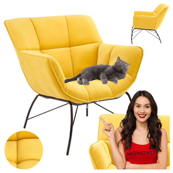 Fotel Wypoczynkowy do Salonu Pokoju Loft BELTON Żółty Pikowany Welur