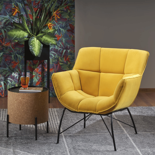 Fotel Wypoczynkowy do Salonu Pokoju Loft BELTON Żółty Pikowany Welur