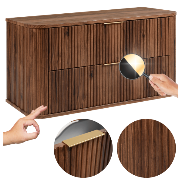 Elegancka Wisząca Szafka Dąb Orzech do Łazienki 100 cm pod Umywalkę Ryflowana Stylowa ELEGANCE