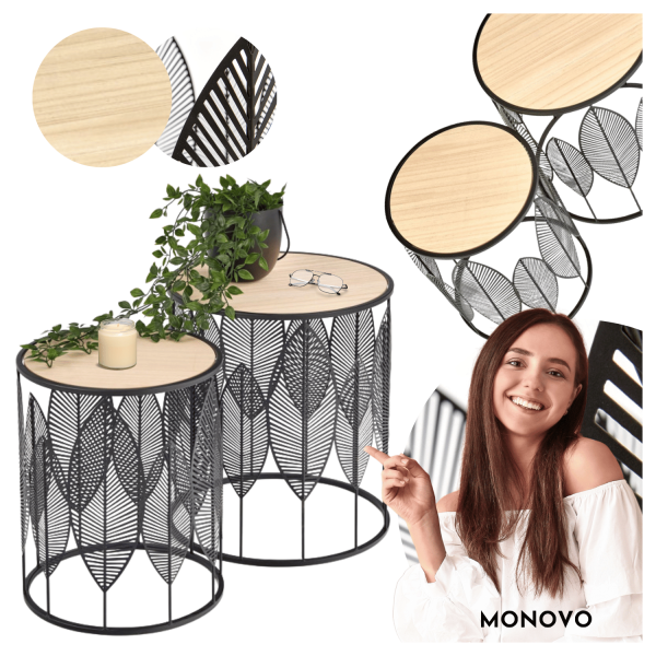 Zestaw 2 Stolików Kawowych do Salonu Glamour 2x Stolik Kawowy Okrągły Boho Loft Czarny Dąb Naturalny FOLLA Halmar