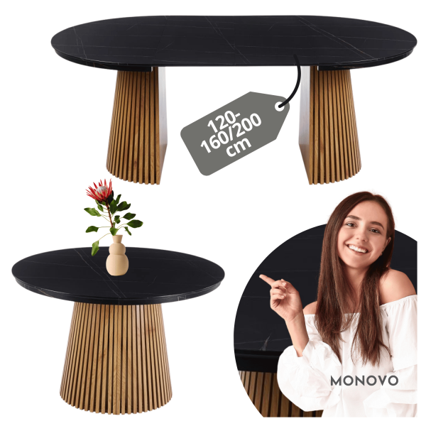 Okrągły Stół Rozkładany do Salonu Jadalni 120-160/200 cm Lamele Dąb Czarny Marmur ROND