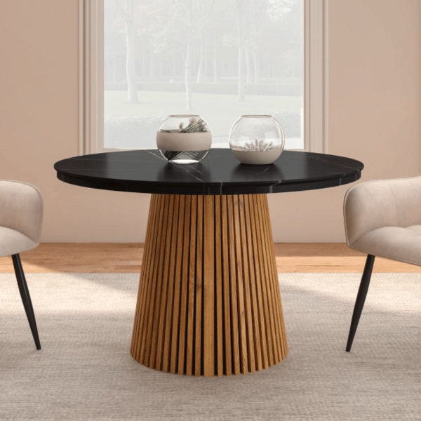 Okrągły Stół Rozkładany do Salonu Jadalni 120-160/200 cm Lamele Dąb Czarny Marmur ROND