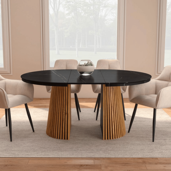 Okrągły Stół Rozkładany do Salonu Jadalni 120-160/200 cm Lamele Dąb Czarny Marmur ROND