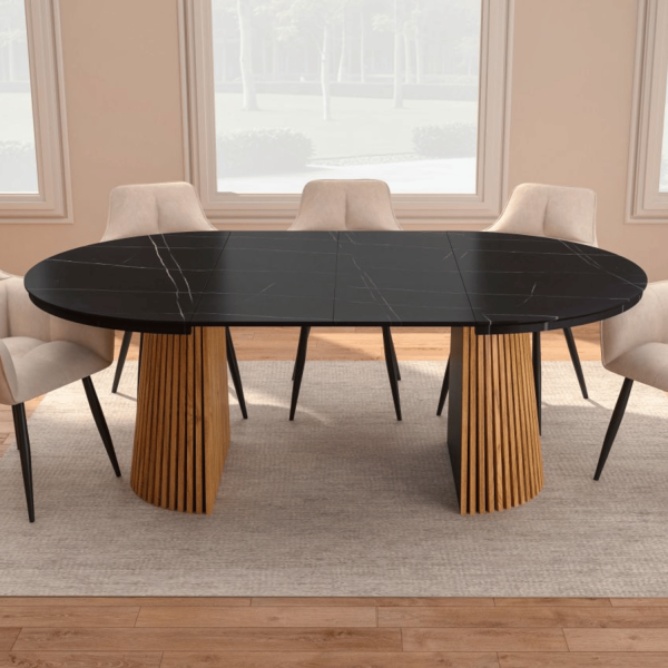 Okrągły Stół Rozkładany do Salonu Jadalni 120-160/200 cm Lamele Dąb Czarny Marmur ROND