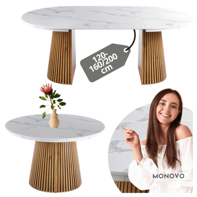 Okrągły Stół Rozkładany do Salonu Jadalni 120-160/200 cm Lamele Dąb Biały Marmur ROND