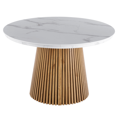 Okrągły Stół Rozkładany do Salonu Jadalni 120-160/200 cm Lamele Dąb Biały Marmur ROND