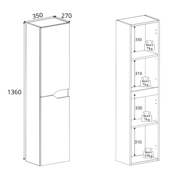 Czarny Słupek 136 cm do Łazienki Matowy Wiszący z Półkami Nowoczesny MODERN