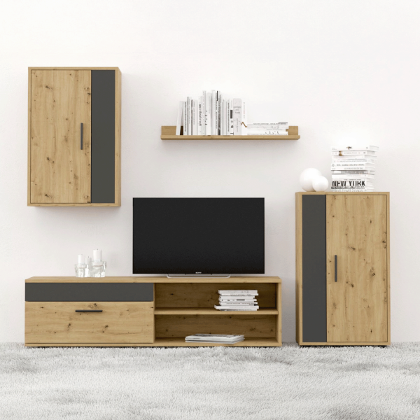 Nowoczesny Zestaw Mebli z Szafką RTV Witryną i Półką do Salonu Loft Dąb Artisan Czarny Mat BENSON Halmar