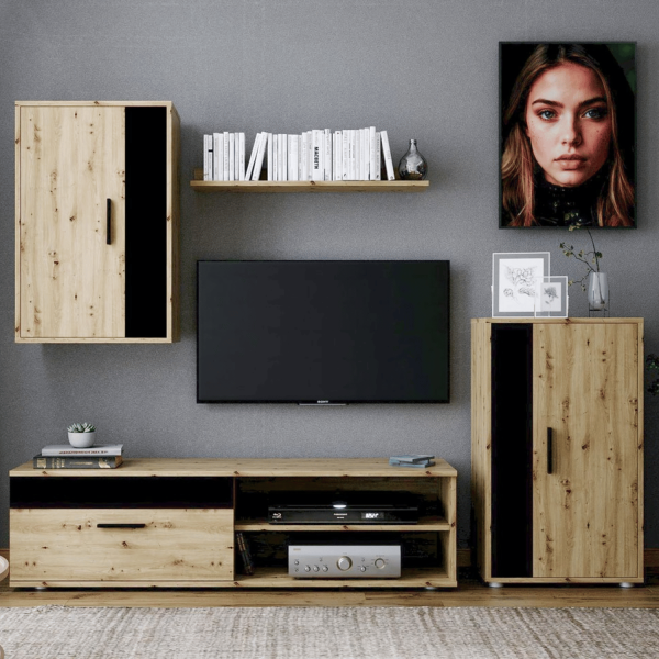 Nowoczesny Zestaw Mebli z Szafką RTV Witryną i Półką do Salonu Loft Dąb Artisan Czarny Mat BENSON Halmar