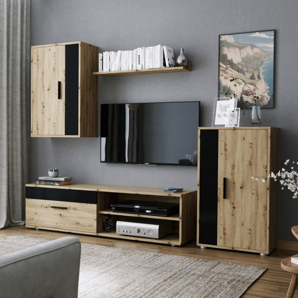 Nowoczesny Zestaw Mebli z Szafką RTV Witryną i Półką do Salonu Loft Dąb Artisan Czarny Mat BENSON Halmar
