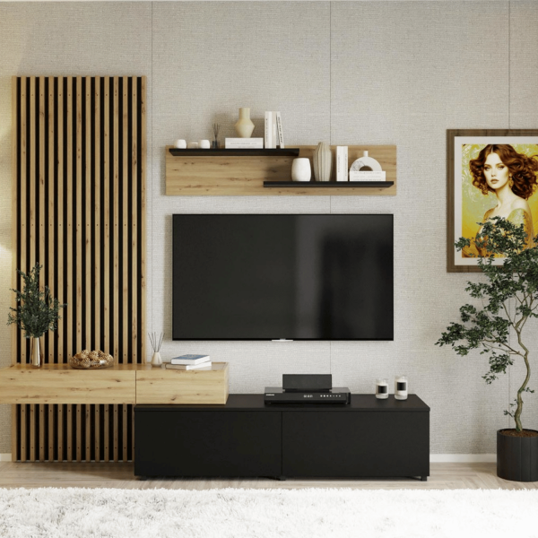 Nowoczesny Zestaw Mebli z Szafką RTV Witryną i Półką do Salonu Loft Dąb Artisan Czarny Mat CAMINO Halmar