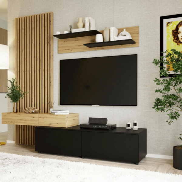 Nowoczesny Zestaw Mebli z Szafką RTV Witryną i Półką do Salonu Loft Dąb Artisan Czarny Mat CAMINO Halmar