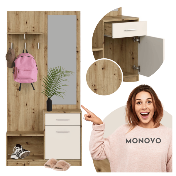 Tradycyjna Szafka z Lustrem i Wieszakami do Przedpokoju Skandynawskie Loft Dąb Artisan Kaszmir PERGO Halmar