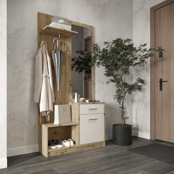 Tradycyjna Szafka z Lustrem i Wieszakami do Przedpokoju Skandynawskie Loft Dąb Artisan Kaszmir PERGO Halmar