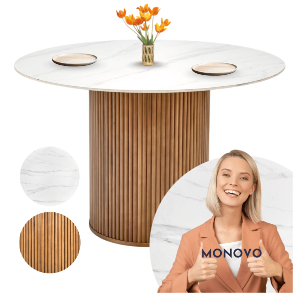 Nowoczesny Stół Okrągły do Salonu Jadalni 120 cm Modern Skandynawski Industrial Biały Marmur Orzechowy BRUNO Halmar