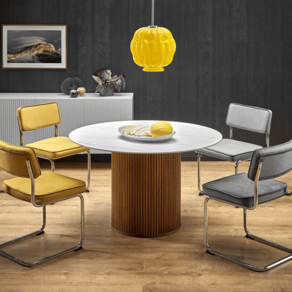 Nowoczesny Stół Okrągły do Salonu Jadalni 120 cm Modern Skandynawski Industrial Biały Marmur Orzechowy BRUNO Halmar