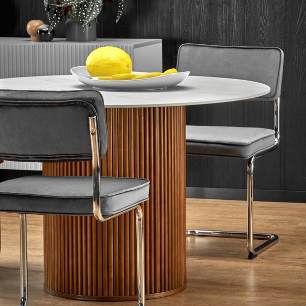 Nowoczesny Stół Okrągły do Salonu Jadalni 120 cm Modern Skandynawski Industrial Biały Marmur Orzechowy BRUNO Halmar