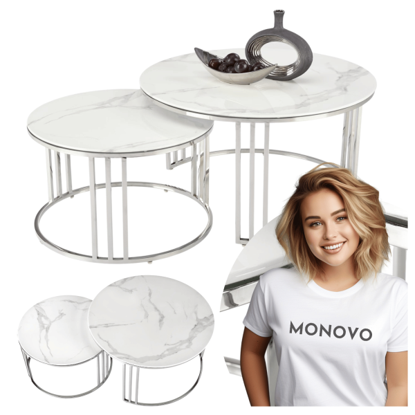 2x Stolik Kawowy Okrągły do Salonu Glamour MERCURY Biały Marmur Halmar
