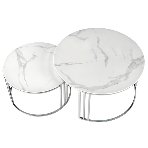 2x Stolik Kawowy Okrągły do Salonu Glamour MERCURY Biały Marmur Halmar