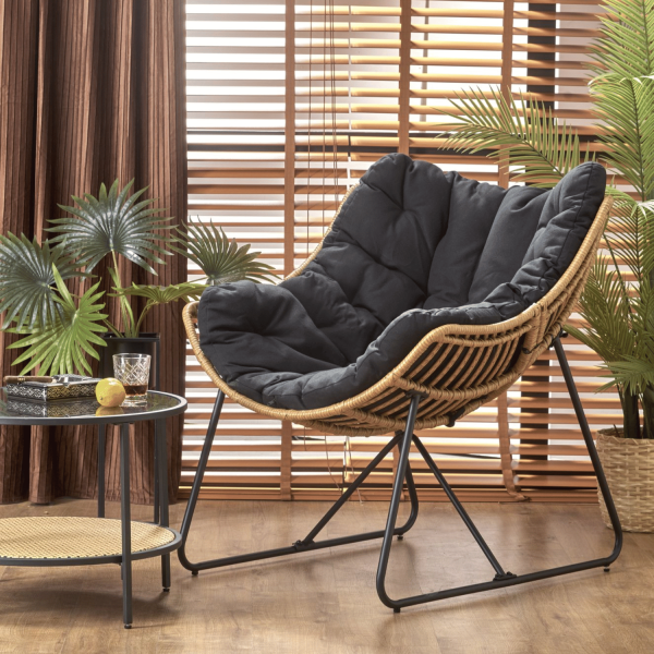 Fotel Wypoczynkowy Rattan WHISPER Czarny Tapicerowany Naturalny Halmar