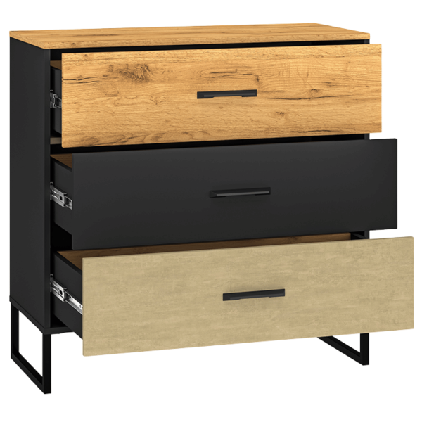 Komoda do Salonu Sypialni z Szufladami Dąb Craft Złoty Stal Premium Czarny Mat Nowoczesna Loft COLT 05