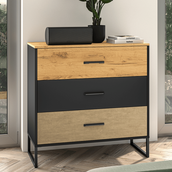 Komoda do Salonu Sypialni z Szufladami Dąb Craft Złoty Stal Premium Czarny Mat Nowoczesna Loft COLT 05