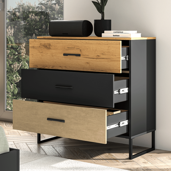 Komoda do Salonu Sypialni z Szufladami Dąb Craft Złoty Stal Premium Czarny Mat Nowoczesna Loft COLT 05