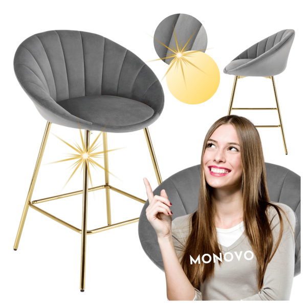 ❤️ Krzesło Barowe Welurowe H112 Szare Popielate Złote Glamour Halmar ⭐