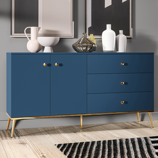 Komoda do Salonu z Szufladami i Drzwiczkami Ciemny Błękit Granatowa Złoty Chrom Glamour MARINE 03