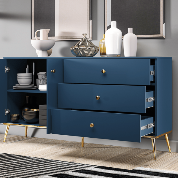 Komoda do Salonu z Szufladami i Drzwiczkami Ciemny Błękit Granatowa Złoty Chrom Glamour MARINE 03