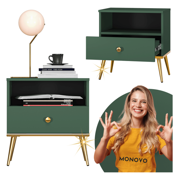 Szafka Nocna do Sypialni z Szufladą Ciemna Zieleń Labrador Złote Nogi Chrom Glamour FOREST 06