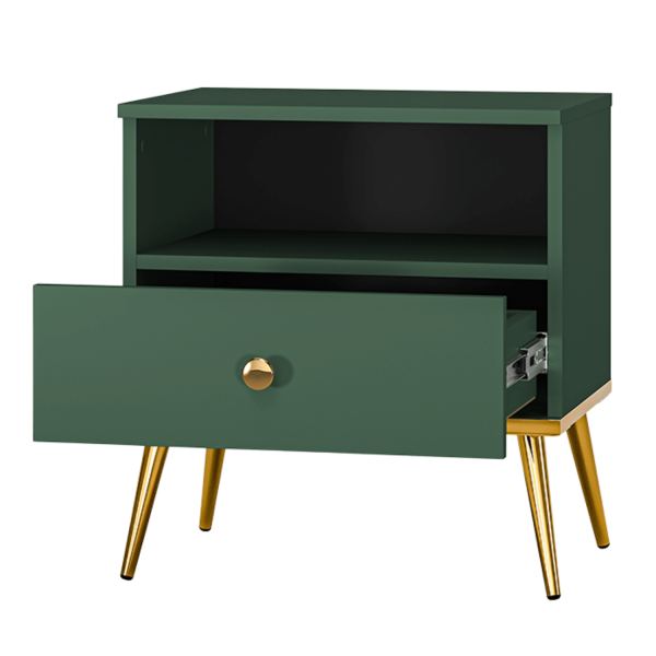 Szafka Nocna do Sypialni z Szufladą Ciemna Zieleń Labrador Złote Nogi Chrom Glamour FOREST 06