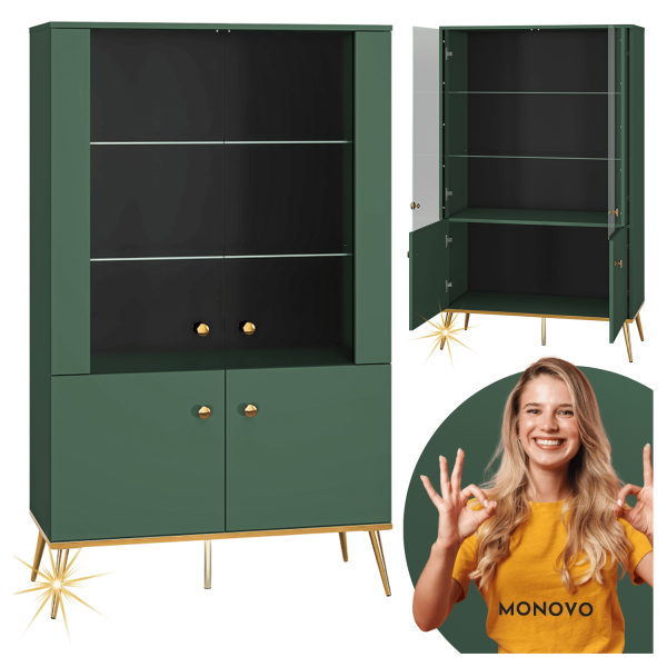 Podwójna Przeszklona Witryna do Salonu z Półkami Szklana Zielona Labrador Złoty Chrom Regał Glamour FOREST 02