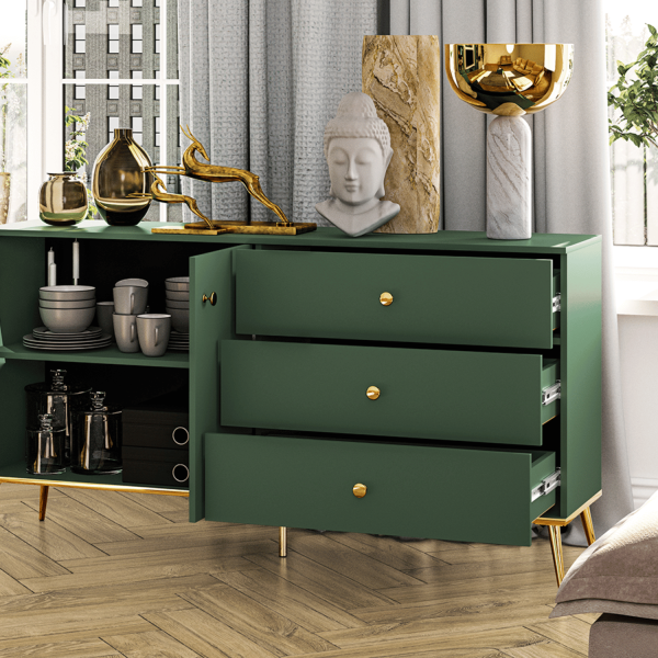 Komoda do Salonu z Szufladami i Drzwiczkami Zielona Labrador Złoty Chrom Glamour FOREST 03