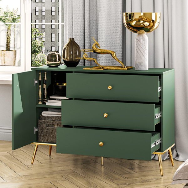 Komoda do Salonu z Szufladami i Szafką Zielona Labrador Złoty Chrom Glamour FOREST 04