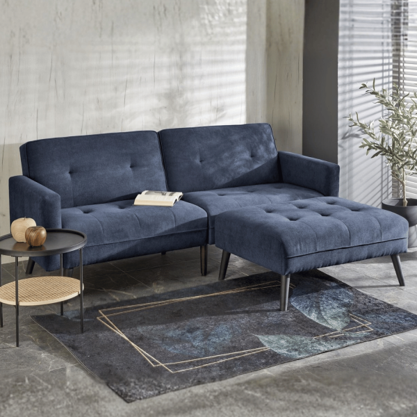 Tradycyjny Narożnik Sofa Rozkładana z Funkcją Spania Kanapa z Podnóżkiem Loft Niebieski CORNELIUS Halmar