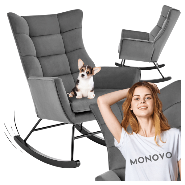 Nowoczesny Fotel Bujany do Salonu na Biegunach Tapicerowany Welur Bujak Loft Popielaty Szary BAZALTO Halmar