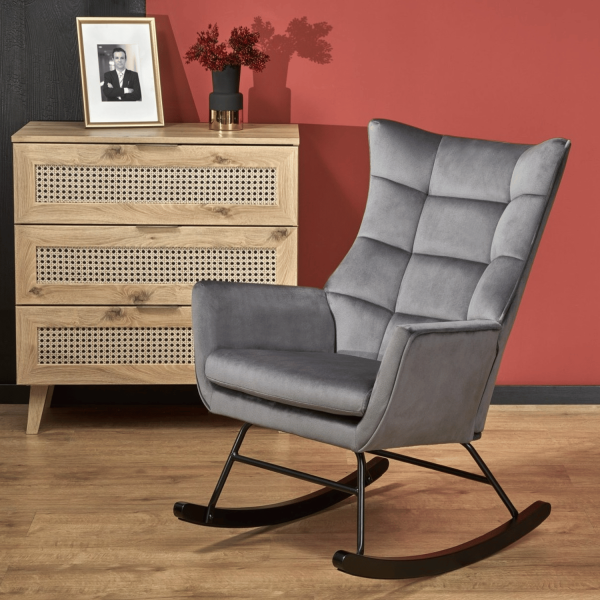 Nowoczesny Fotel Bujany do Salonu na Biegunach Tapicerowany Welur Bujak Loft Popielaty Szary BAZALTO Halmar