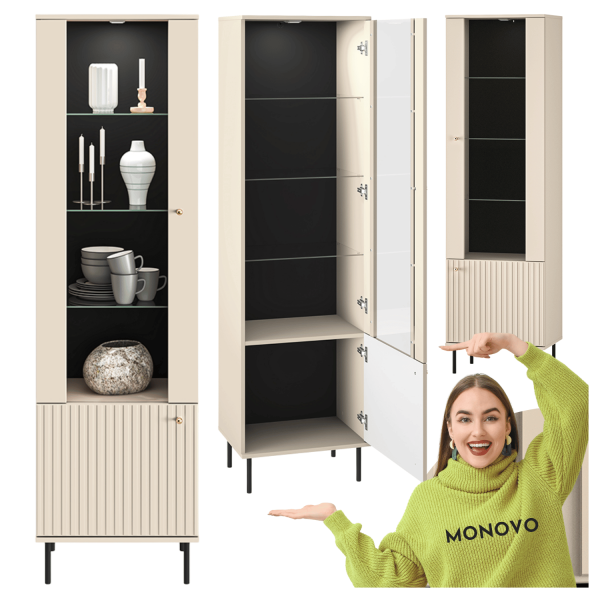 Szklana Witryna Nowoczesna do Salonu Ryflowana Kaszmirowa Glamour z Oświetleniem LED SOPHIE 02