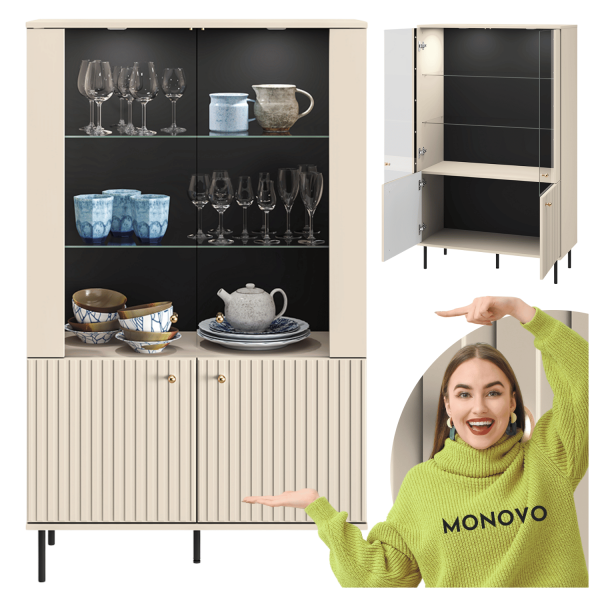 Dwudrzwiowa Szklana Witryna Nowoczesna do Salonu Ryflowana Kaszmir Glamour z Oświetleniem LED SOPHIE 03
