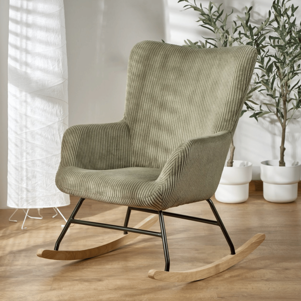 Fotel Bujany do Salonu Tapicerowany na Biegunach Kołyska Bujak Skandynawski Oliwkowy Zielony BELMIRO Halmar