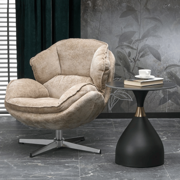 Nowoczesny Fotel Obrotowy Tapicerowany do Salonu Loft Beżowy Metal Chrom GUIDO Halmar