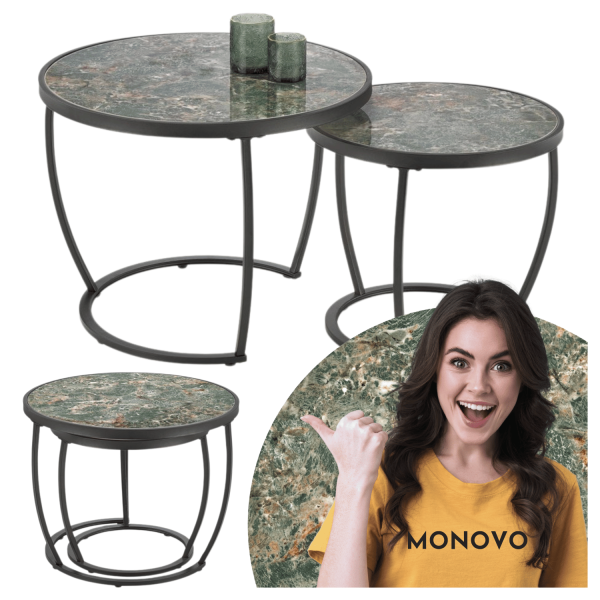 Nowoczesny Zestaw 2 Stolików Kawowych 2x Stolik Kawowy do Salonu Loft Zielony Marmur Metalowy Czarny INES Halmar