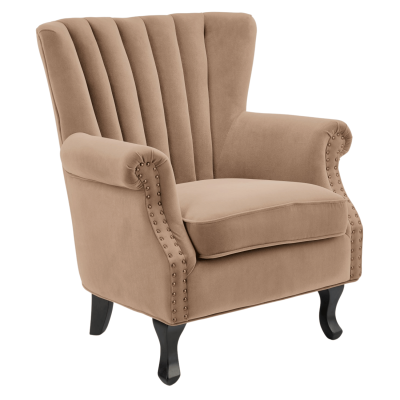 Tradycyjny Fotel Uszak Wypoczynkowy z Podłokietnikami do Salonu Glamour Beżowy Welurowy TITAN Halmar
