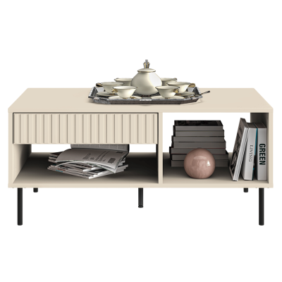 Prostokątny Stolik Kawowy z Szufladą do Salonu Ława Kaszmirowy Beżowy Ryflowany Glamour SOPHIE 10