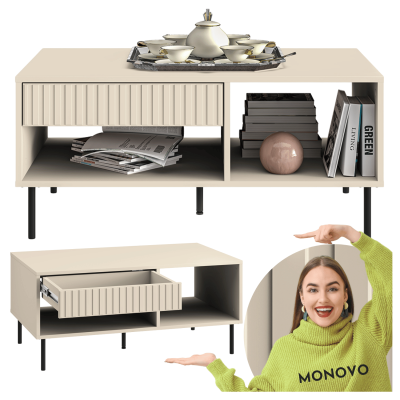 Prostokątny Stolik Kawowy z Szufladą do Salonu Ława Kaszmirowy Beżowy Ryflowany Glamour SOPHIE 10