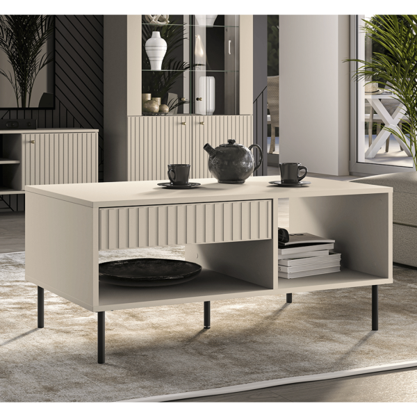 Prostokątny Stolik Kawowy z Szufladą do Salonu Ława Kaszmirowy Beżowy Ryflowany Glamour SOPHIE 10