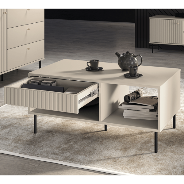 Prostokątny Stolik Kawowy z Szufladą do Salonu Ława Kaszmirowy Beżowy Ryflowany Glamour SOPHIE 10